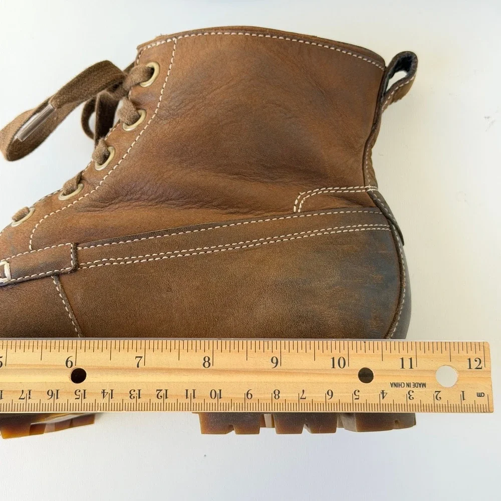 John Varvatos Work Boots Mens 9 Brown Leather Lug Sole Burnished Moc Toe